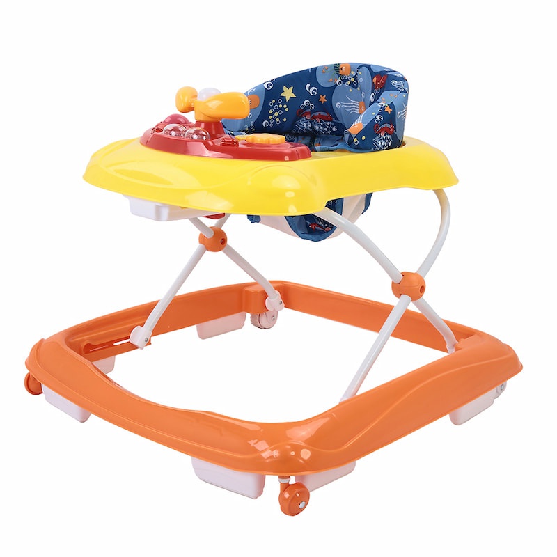 2-in-1 Foldable Baby Walker With Attractive Music Toy Tray Orange